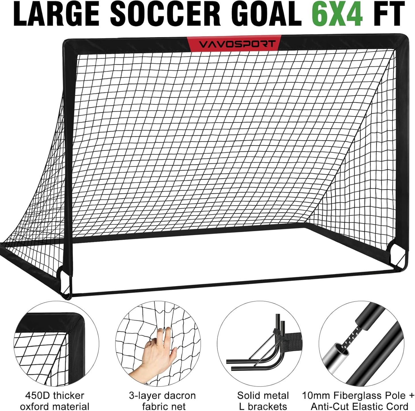 VAVOSPORT Soccer Goal Set - 2 Portable 6'x4' Kids Goals for Backyard Training | Includes Net, Ball & Cones