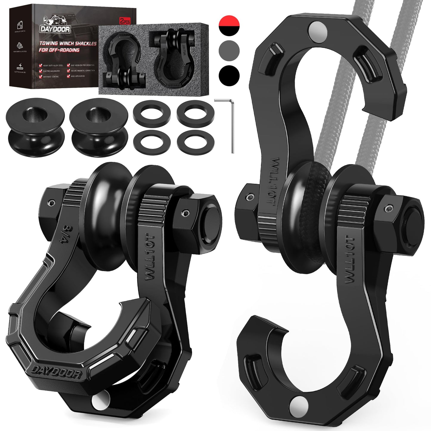 DAYDOOR D Ring Shackles with Snatch Block, 45,000Lbs Break Strength Towing Winch Shackle, 3/4" Heavy Duty Shackles with 7/8" Screw Pin for Off Road Vehicle Recovery(2 Pack, Black)