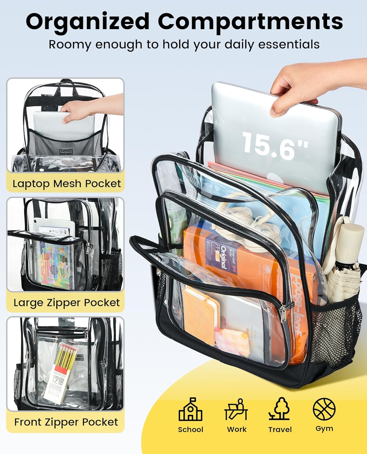 Vorspack Clear Backpack - Heavy Duty Extra Large Transparent Bookbag with TSA Lock | Black