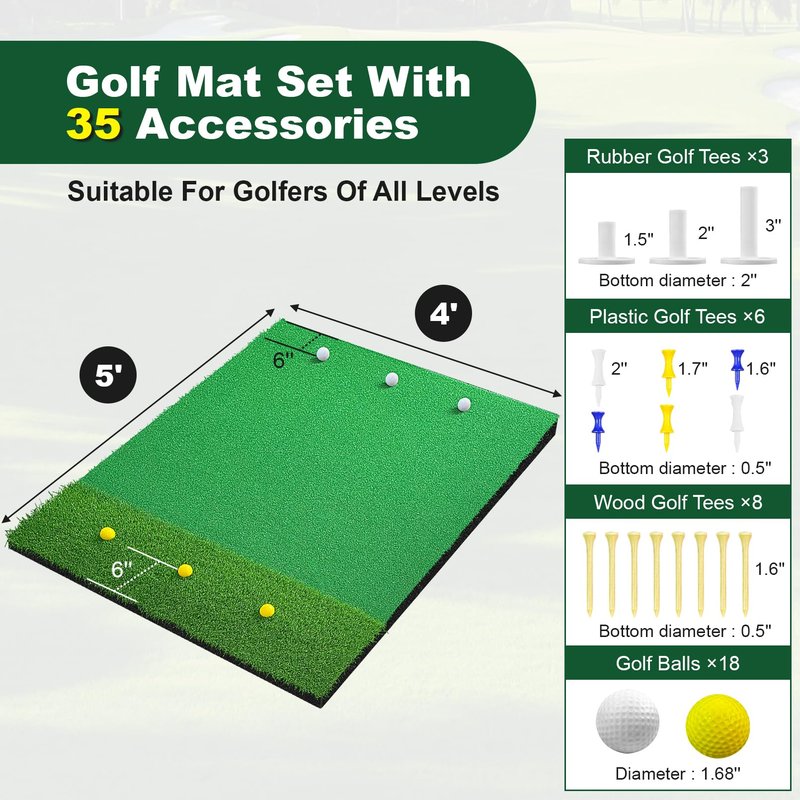 Premium Dual Turf Golf Hitting Mat, 5x4FT Thickened 25mm/50mm Golf Practice Mats Outdoor Indoor, Swing Chipping Training Turf Matt for Backyard, Garage, Driving Range, Gift for Men Dad Golfer