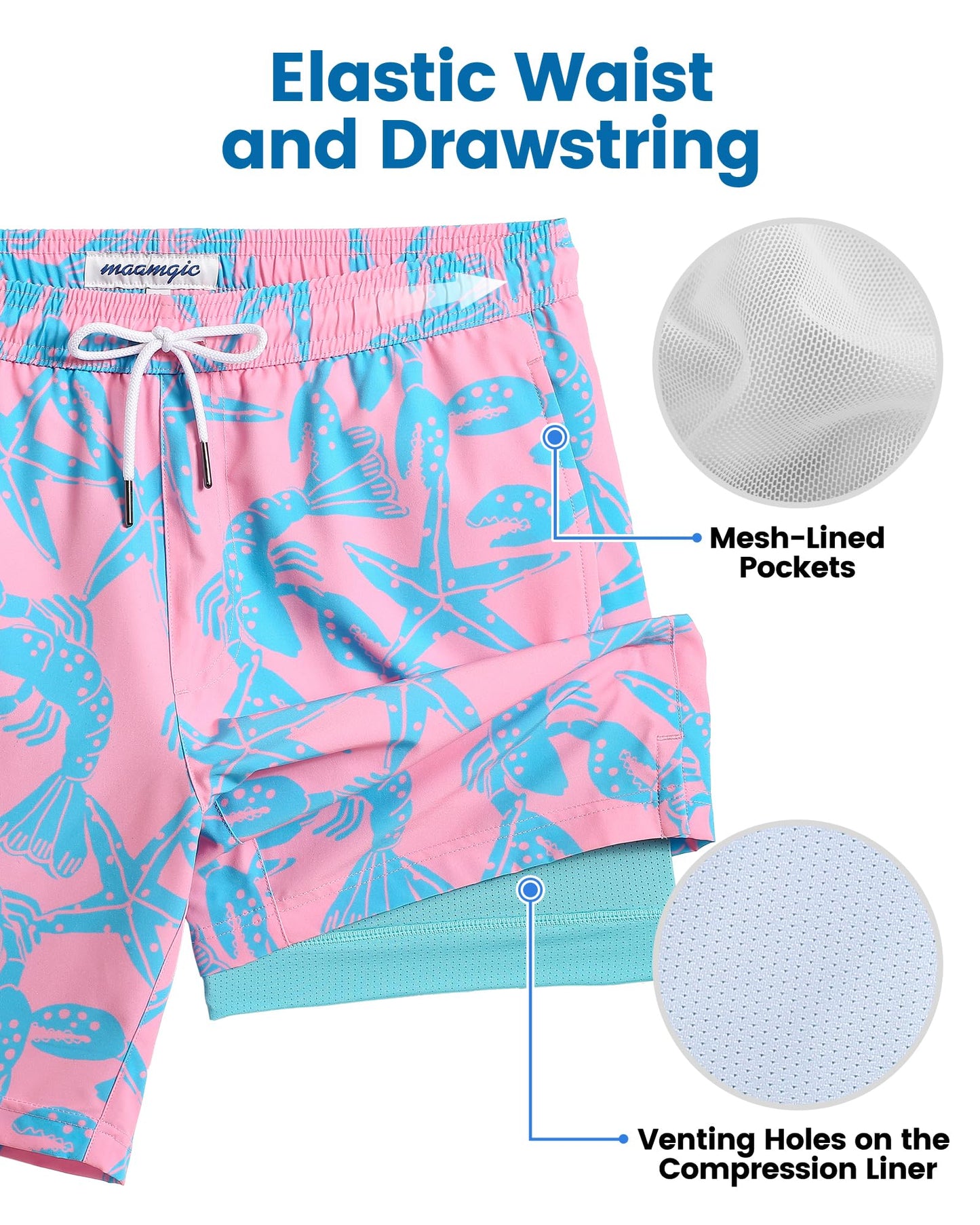 maamgic Mens Swim Trunks with Compression Liner 7 Inch Inseam Mens Bathing Suit Quick Dry Swimming Trunks Swimsuit Starfish Pink Green XX-Large