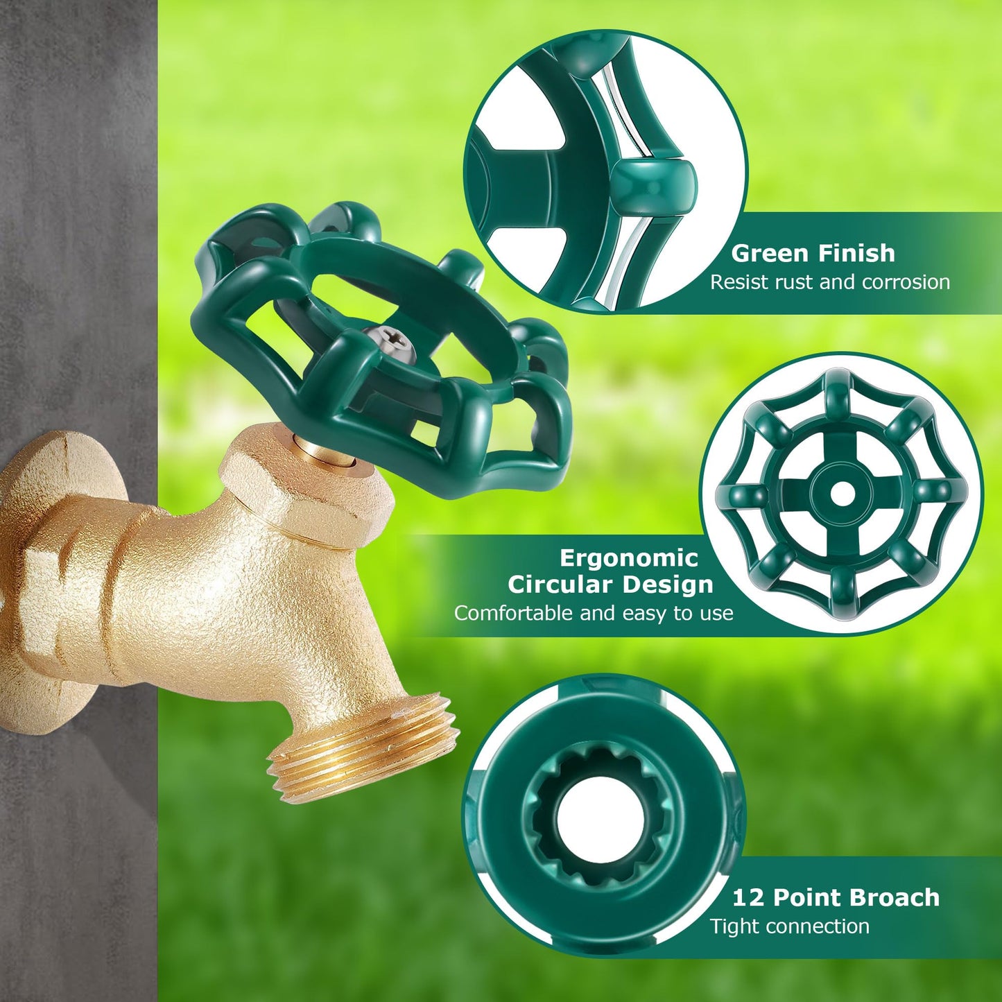 Dreyoo 2 Pack Outdoor Faucet Handles, 3/8 in Spigot Handles Compatible with Arrowhead PK1290, 12 Point Faucet Knob for Outside Hose Bibb, Garden Valves and Frost Proof Wall Hydrants(Green,Round)