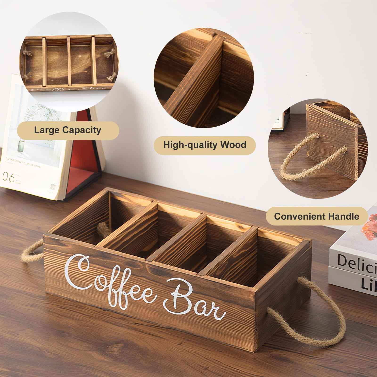 Wooden Coffee Pod Holder Coffee Station Organizer for Countertop Kcup Storage with Removable Dividers Bar Accessories Table Decor Tea Condiment Storage Box
