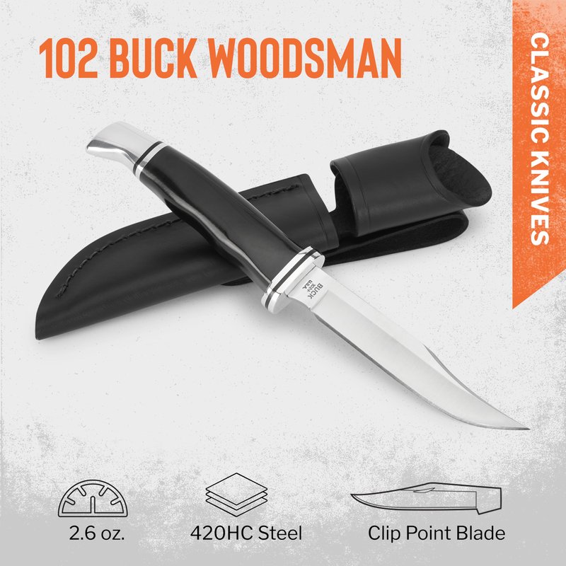 Buck Knives 102 Woodsman Hunting Knife, 4" Fixed Blade, Full Tang Design, Phenolic Handle, 420HC Stainless Steel Clip Point Blade, Sheath Included, Knife Made in the USA, Black, 2.6 oz