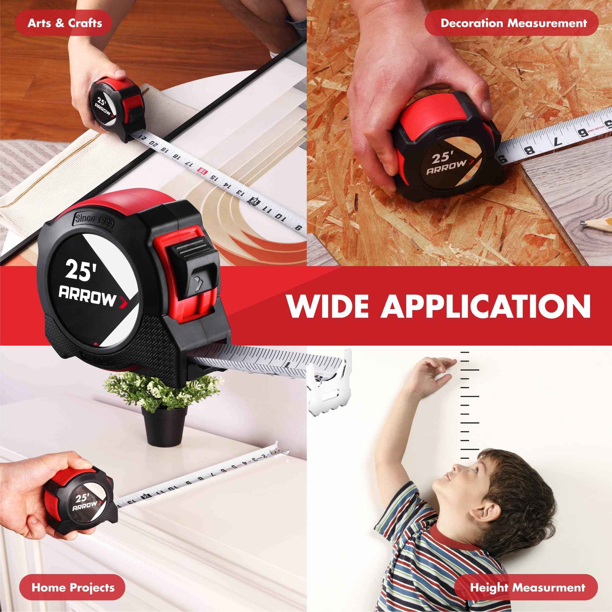 Arrow 25FT Tape Measure, Easy Read Measuring Tape with Dual Locking System, Double Sided Measurement Tape with 1.25″ Blade, Belt Clip, Dual-End Metal Hook, and Rubber Protective Casing