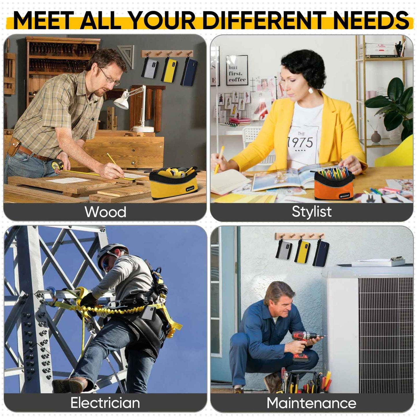 TICONN Tool Pouches with Zipper, 1680D Oxford Small Tool Bags, Waterproof Utility Bag Zipper Pouch for Tool Organizers and Storage (6 Pack Small)