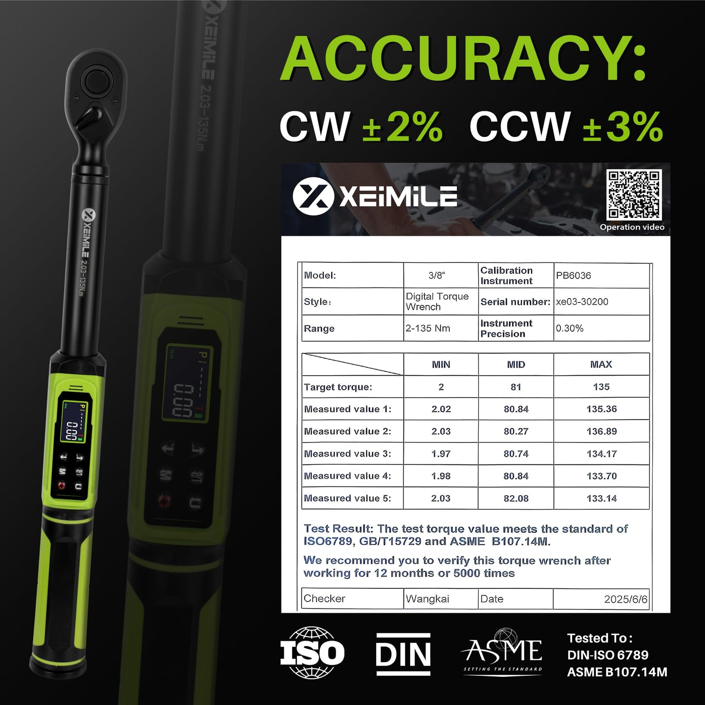 XEIMILE Digital Torque Wrench 3/8"Drive-1.5-99.6Ft.Lb/2.02-135N.m,Electric Torque Wrench With Vibration Buzzer LED Indicator,±2% Accuracy Five Units for Bike Motorcycle Car Auto Repair,DIY,Green Black