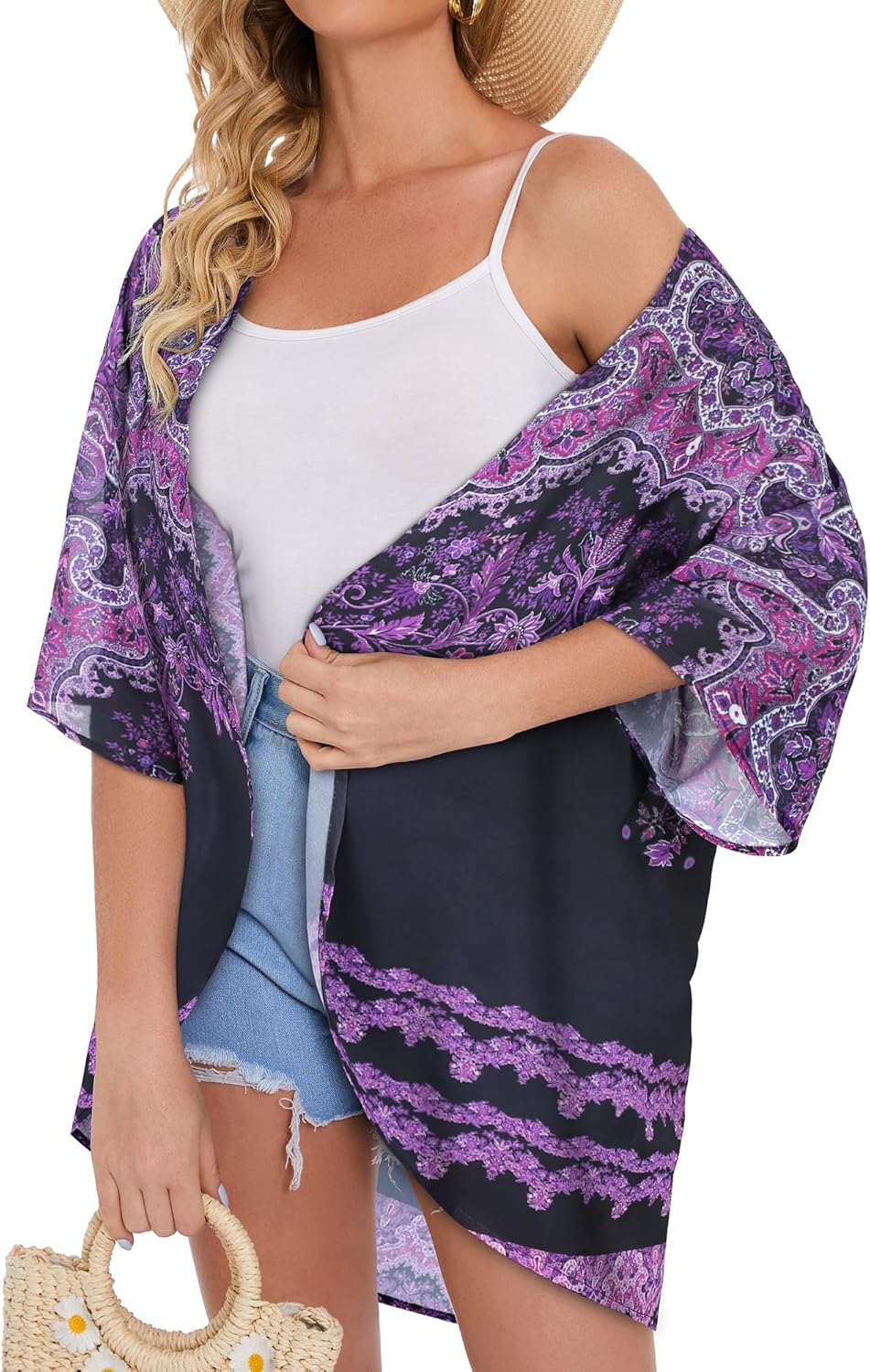 Skiennix Women's Floral Print Kimono Cardigan - Casual Puff Sleeve Cover-Up | Stylish Blouse Top