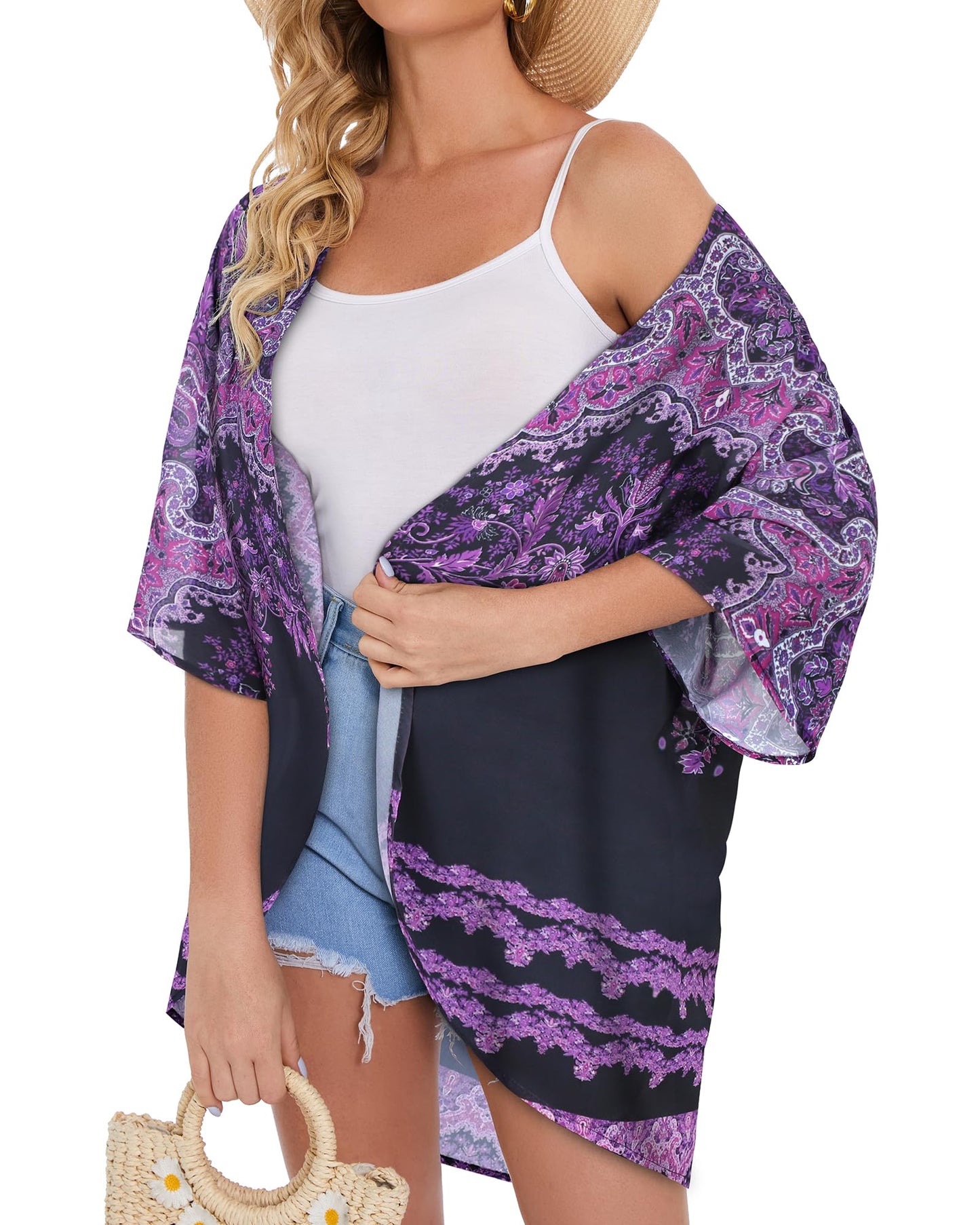 Women's Floral Kimono Cardigan Cover Up Casual Tops,Black Purple Boho,S
