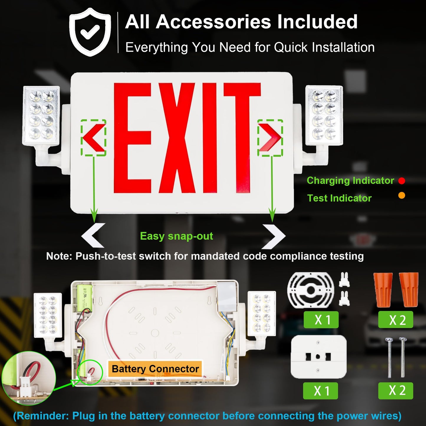 Gruenlich Exit Sign with Emergency Light, Double Face, Battery Backup