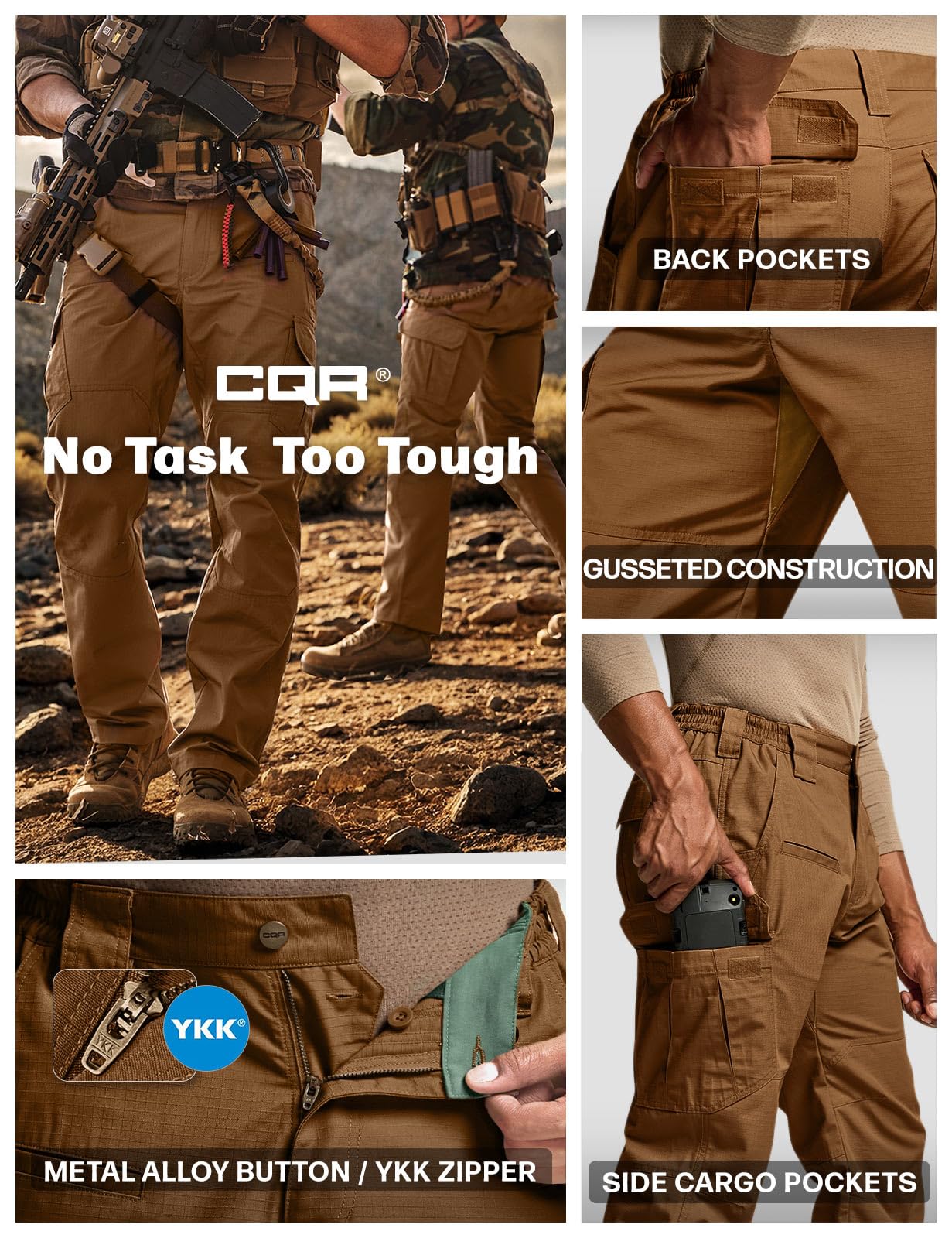 CQR Men's Tactical Pants, Water Resistant Ripstop Cargo Pants, Lightweight EDC Work Hiking Pants, Outdoor Apparel, Raider Copper Brown, 34W x 32L