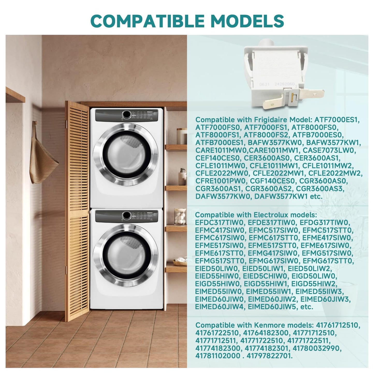 134813600 Dryer Door Switch Replacement for Electrolux, Frigidaire, Kenmore and other brand dryers. Replaces AP4316049, 131843100, 1378609, 7131843100, 7134813600, AH2330879, EA2330879 and PS2330879