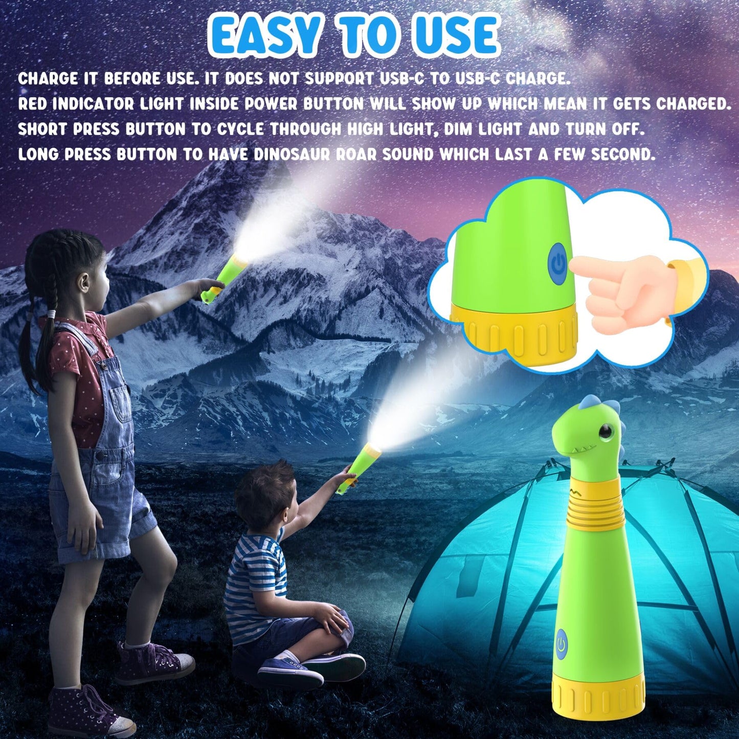 COSOOS Rechargeable Dinosaur Flashlight for Kids, Roar Mode, Kids Flashlight, Outdoor Camping Gear Accessories, Birthday Gift Halloween Lights for Kids Boys Girls