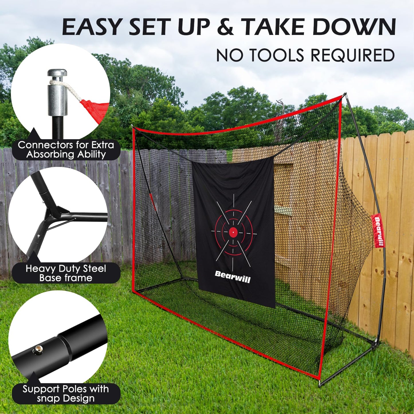 Bearwill Golf Net, 10x7ft Heavy Duty Golf Practice Nets with Mat, Target Cloth, 7 Tees, 6 Balls, Carry Bag for Backyard Driving Chipping Indoor Outdoor Training