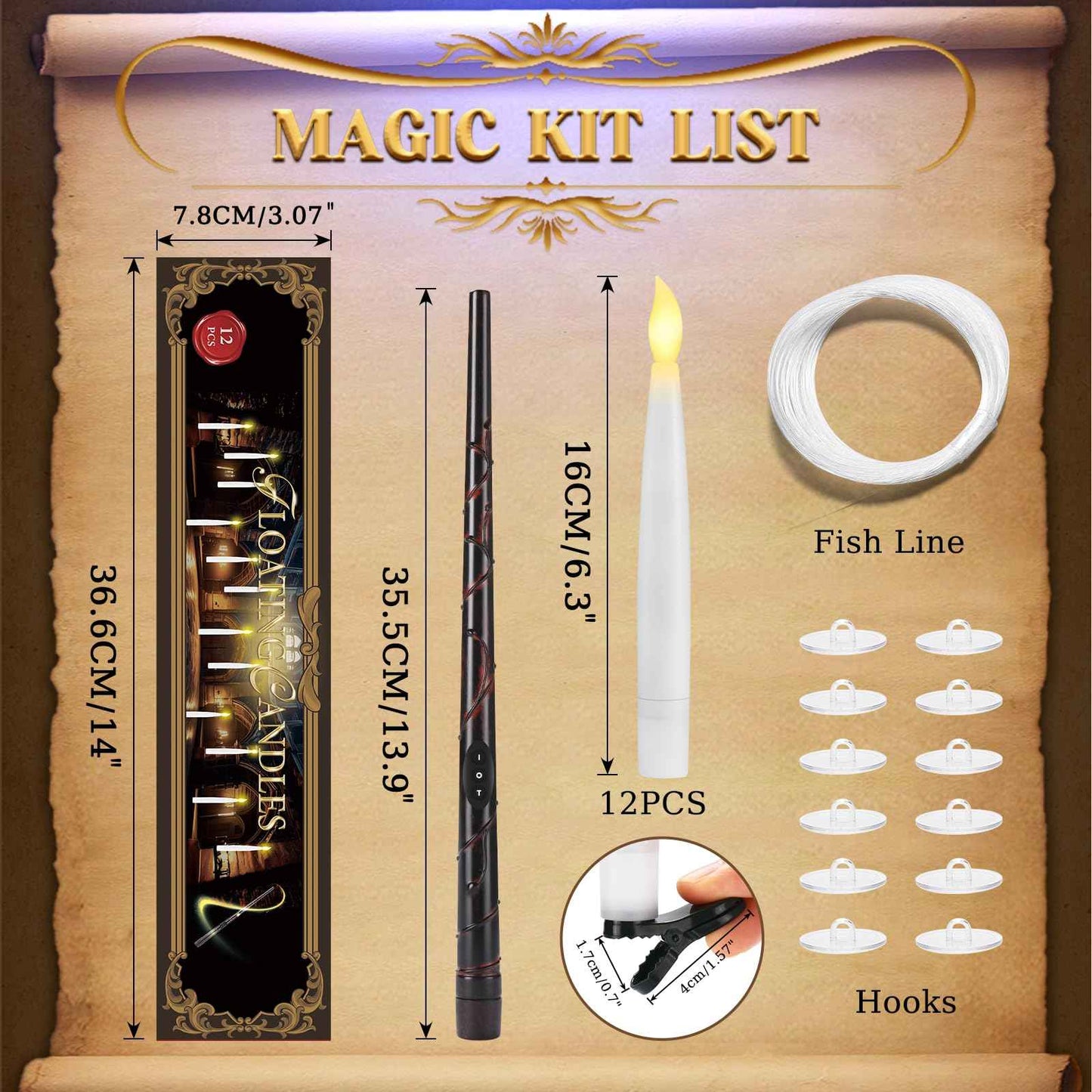 Halloween Decorations - Floating Candles with Wand & 6-Hour Timer - Flameless LED Hanging Candles with Clip, Battery Operated Window Taper Candle for Indoor/Outdoor Halloween & Holiday Decor 12PCS