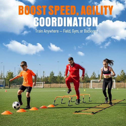 Agility Ladder Training Set - 20ft Speed Ladder with 4 Hurdles, Parachute, 12 Cones & Jump Rope | Enhance Agility & Speed for Kids and Adults