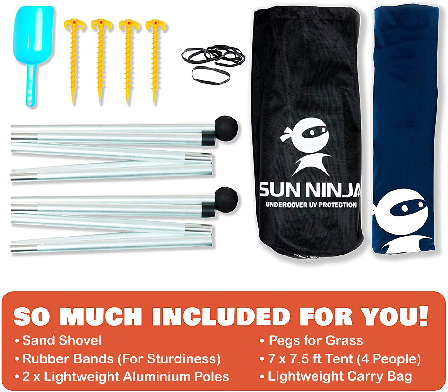 SUN NINJA Pop Up Beach Tent Sun Shelter UPF50+ with Sand Shovel, Ground Pegs and Stability Poles, Outdoor Shade for Camping Trips, Fishing, Backyard Fun or Picnics (7x7.5 FT 2 Pole, Turquoise)