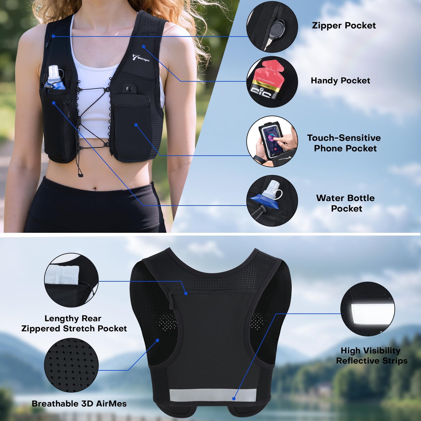 Running Vest for Women Men, 10L Lightweight Hydration Vest, Adjustable Elasticated Crisscrosses, Front Phone Pocket, Running Vest with 500ml Soft Flask for Marathon, Training Runs (Medium-Large)