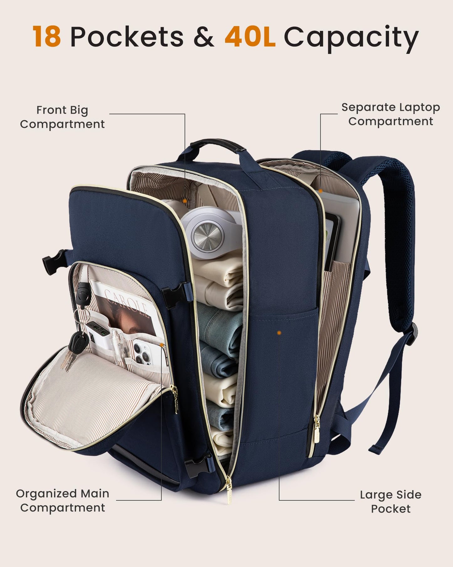LOVEVOOK 40L Large Travel Backpack for Women Men, 17 Inch Carry on Backpack for Traveling on Airplane, Personal Item Travel Bag Airline Approved, Business Causal Weekender Backpack, Blue-Black