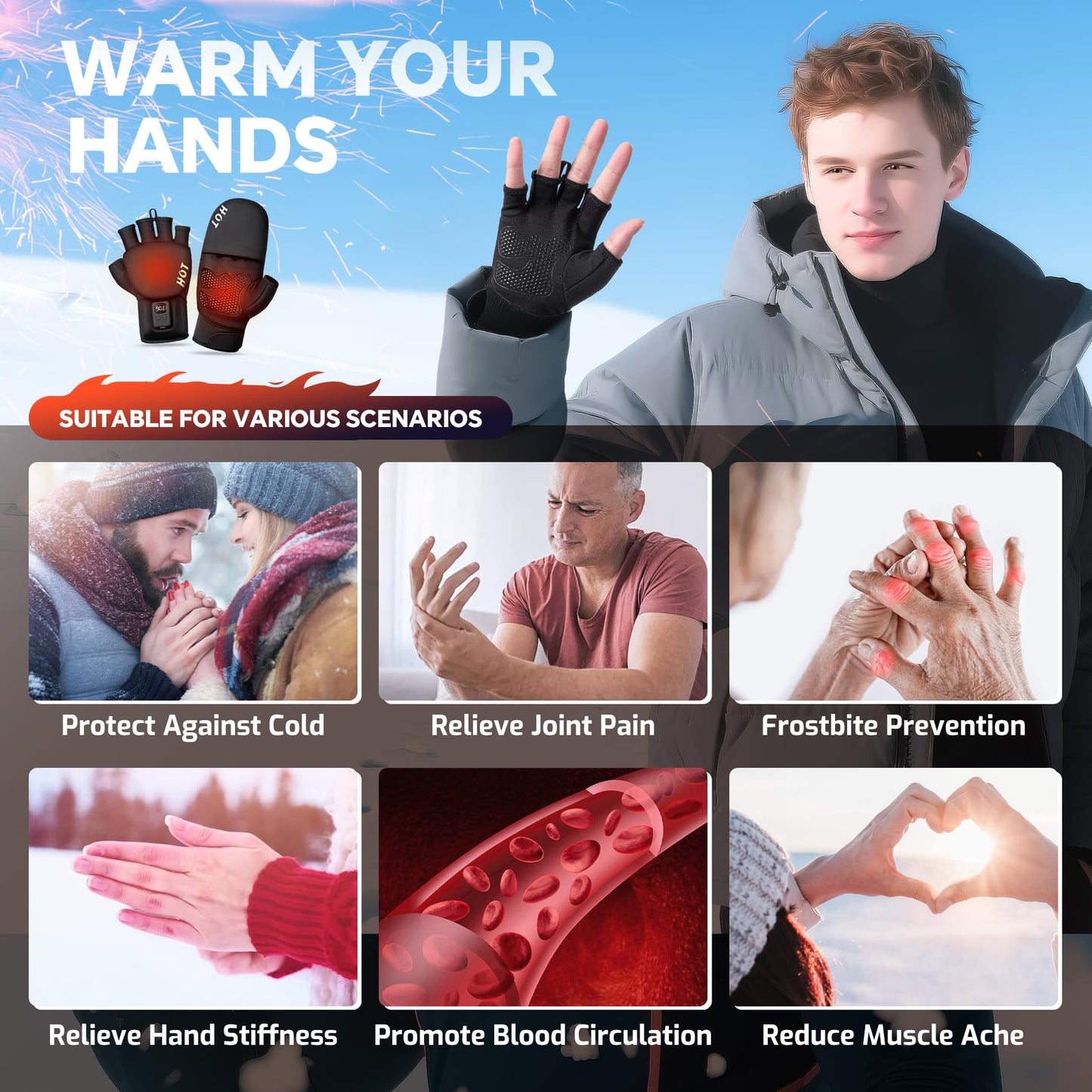 Heated Gloves for Men Women- Rechargeable Electric Full&Half Hands Electric Heated Gloves Work Arthritis Pain Relief Hot Compress Hand Warmers for Cycling Skiing Hunting (Full & Half Hands, Medium)