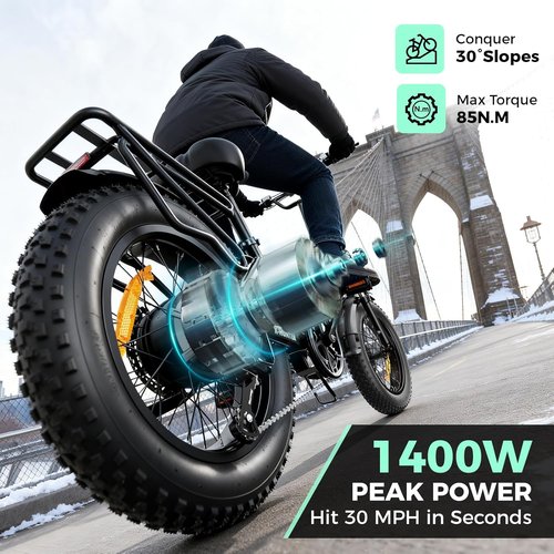 Jasion X-Hunter Foldable Electric Bike - 1400W Motor, 30MPH, 70+ Miles Range, Full Suspension, 20'' Fat Tires, Black & Grey