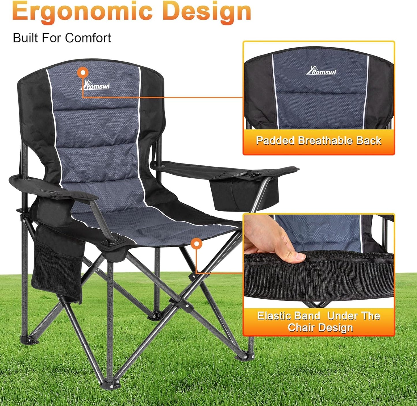 Romswi Oversized Camping Chairs - Heavy Duty 500 LBS Support | Padded Back & Armrest, Black, 2-Pack