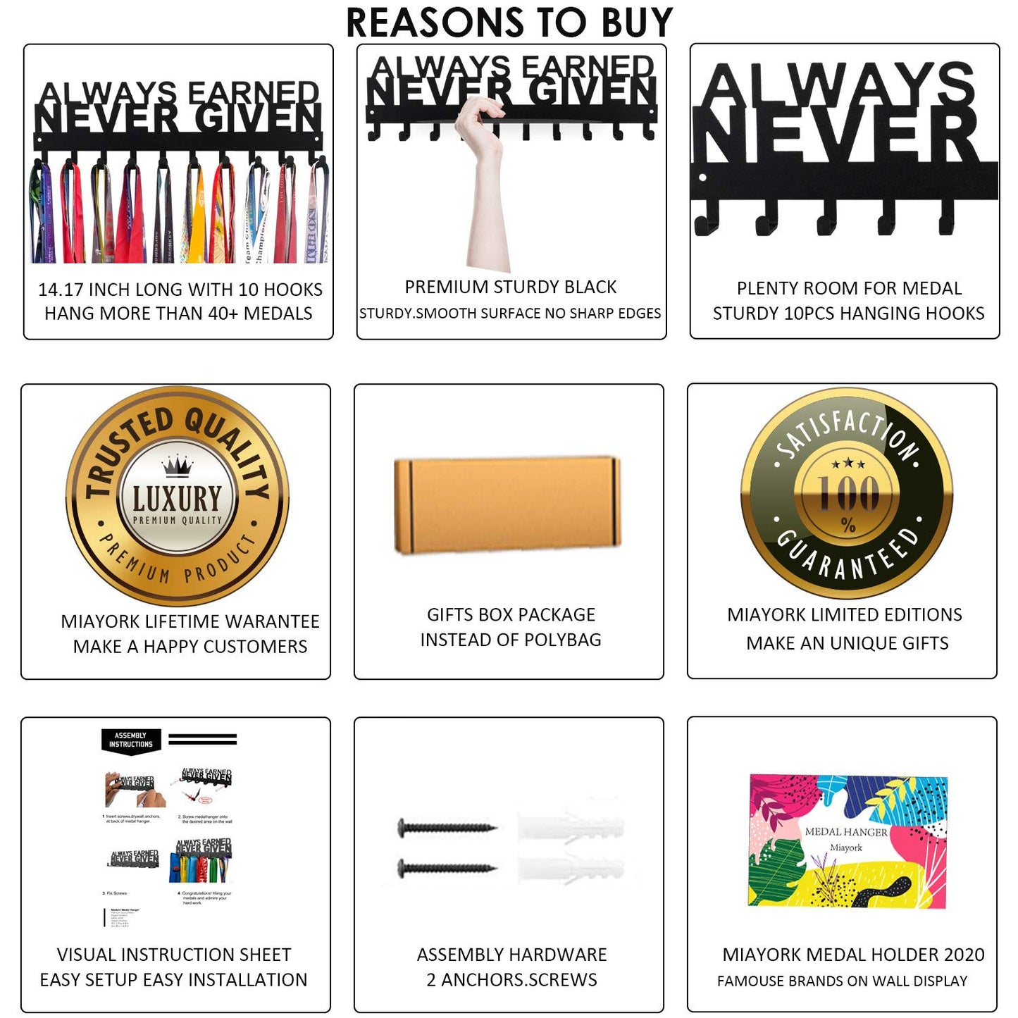 Miayork Medal Holder Display Hanger Rack Frame - Sturdy Wall Mount Medals Easy to Install