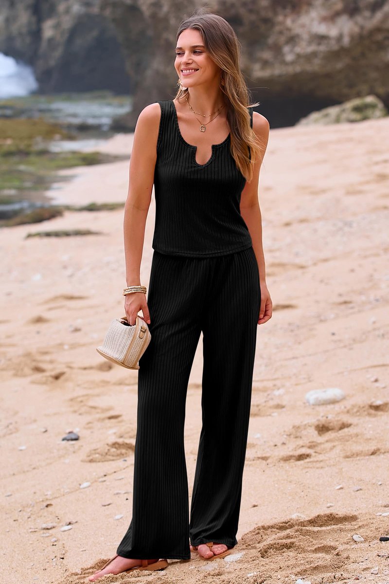 PRETTYGARDEN Womens Summer Casual Two Piece Outfits Sweatsuits Tank Scoop Neck Ribbed Knit Long Pants Tracksuits(Black, Small)