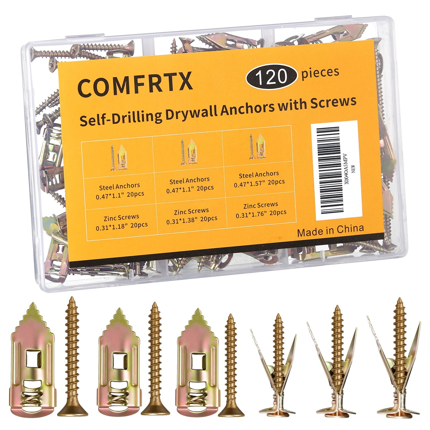 ComfrtX 3 Sizes Metal Expansion Bolts for Drywall - 120PCS Self Drilling Anchors with Screws,Drywall Screws and Anchors Kit,No Drill Hole Needed for Mounting TV,Shelf, Mirror,Cabinet,Picture Frames
