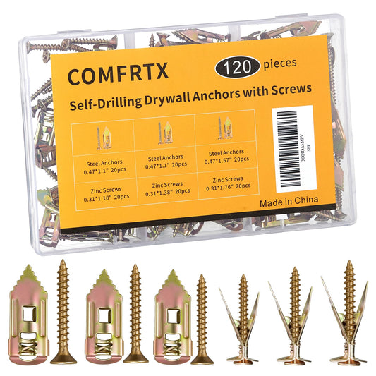ComfrtX 3 Sizes Metal Expansion Bolts for Drywall - 120PCS Self Drilling Anchors with Screws,Drywall Screws and Anchors Kit,No Drill Hole Needed for Mounting TV,Shelf, Mirror,Cabinet,Picture Frames