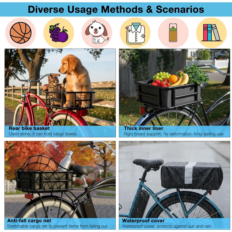 Bike Basket Rear - Large Capacity Heavy Duty Bicycle Basket with Liner,Cargo Net,Waterproof Cover - Ebike Accessories for Adult Bikes,Electric Bike,Carrying Grocery,Ball,Dog