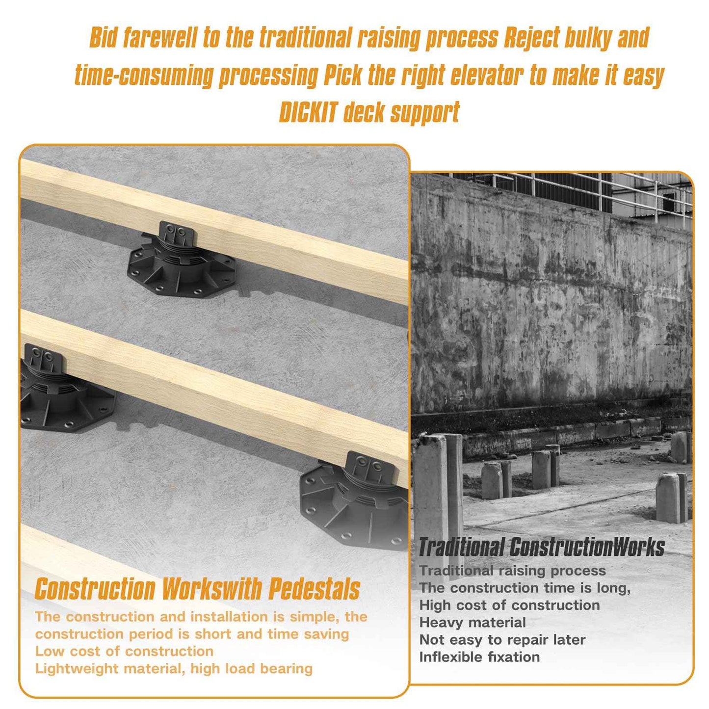 DECKIT 6 Pack Adjustable Deck Support Pedestal, High Load Deck Supports/Deck Blocks/Deck Support Blocks/Deck Footing for Floating Deck Platform & Floor Height Adjustment (1-3/16" to 2-3/8")