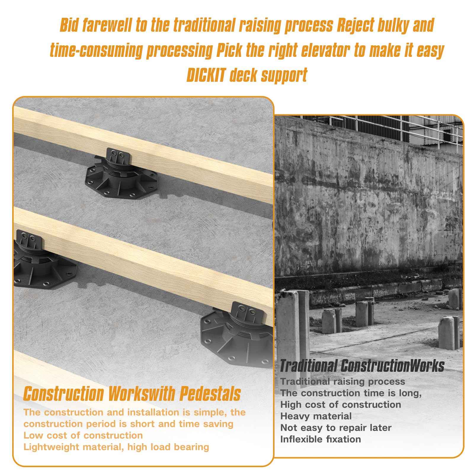 DECKIT 6 Pack Adjustable Deck Support Pedestal, High Load Deck Supports/Deck Blocks/Deck Support Blocks/Deck Footing for Floating Deck Platform & Floor Height Adjustment (1-3/16" to 2-3/8")