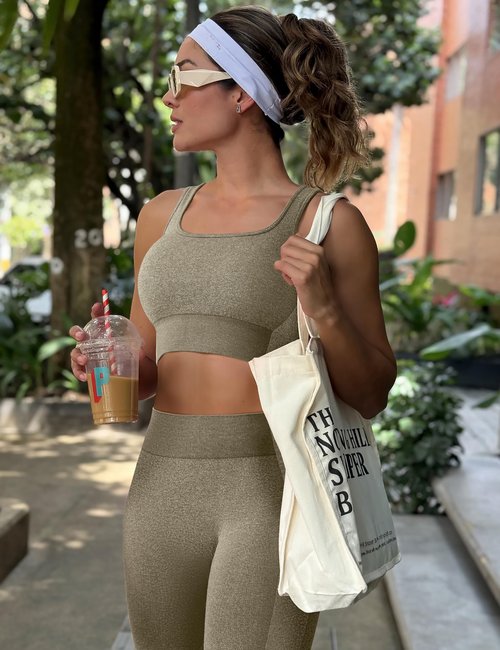 OLCHEE Womens Workout Sets 2 Piece Seamless Square Neck Sports Bra Padded Butt Lifting Leggings High Waist Yoga Gym Outfits - Olive Green Medium