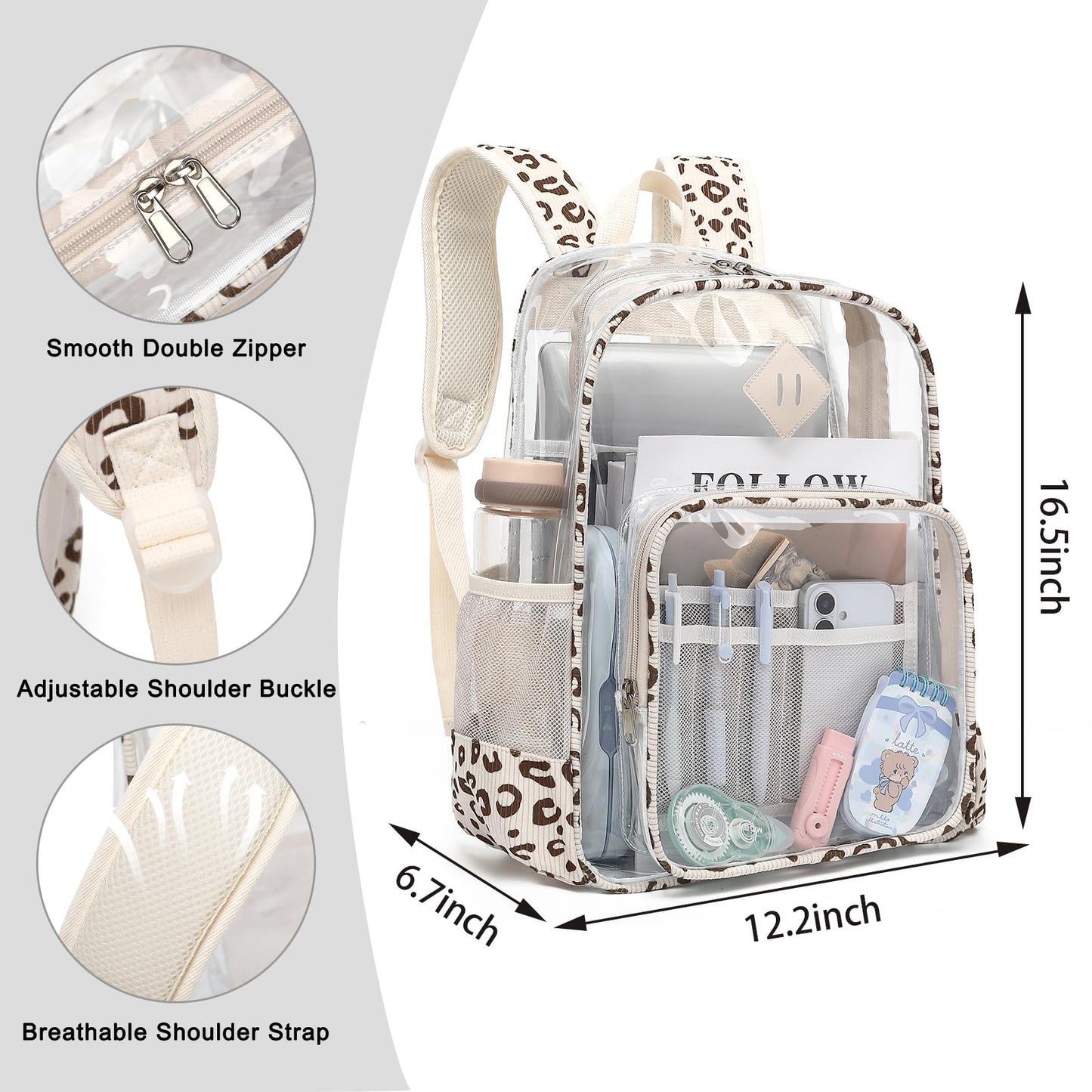 Xunteny Clear Backpack for Girls Women School Bookbag Heavy Duty Transparent Backpacks (Beige Corduroy Leopard)