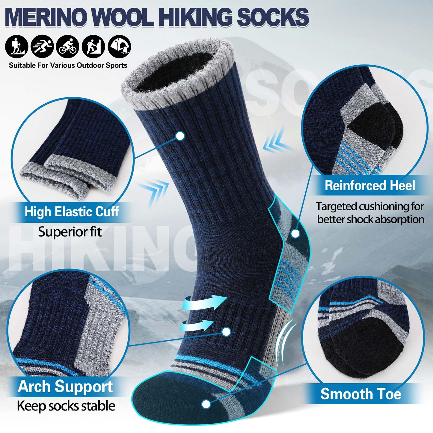 MOGGEI Merino Wool Hiking Socks for Men Thermal Warm Winter Cozy Crew Work Socks 5 Pairs Gifts Stocking Stuffers(Grey/Blue/Dark Blue/Black,L)