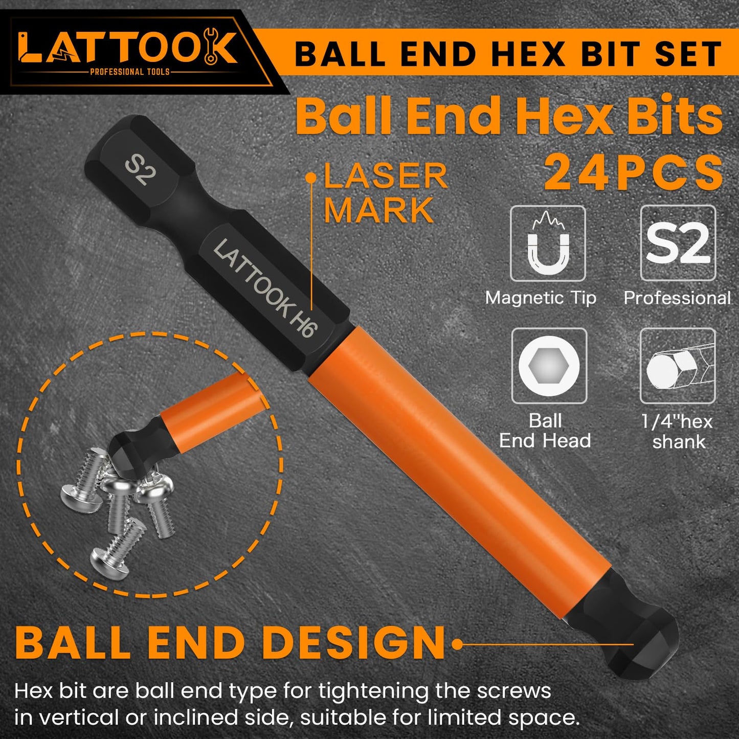 LATTOOK Ball End Hex Head Allen Wrench Drill Bit Set, 24PCS 2.5 Inch Metric & SAE Sizes Ball End Hex Bit Set Allen Key Set Hex Key Set, Magnetic Tipped, S2 Steel