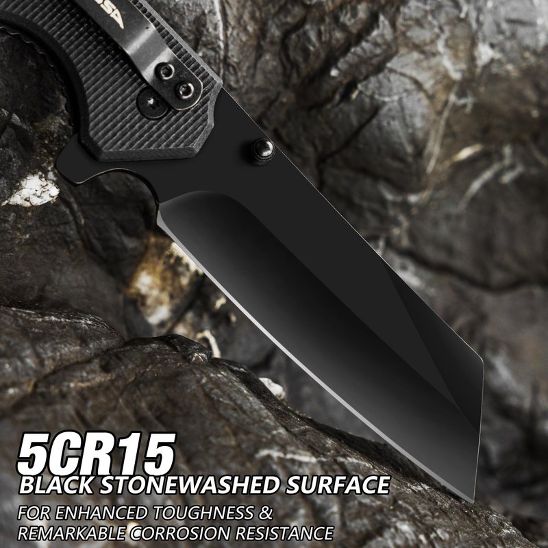 FLISSA Folding Knife, 4-3/4" Reverse Tanto Folding Pocket Knife, Black Stonewash Blade, G10 Handle, for Hunting, Survival, Camping and Outdoor Activities, Perfect for Dad, Husband, Friend