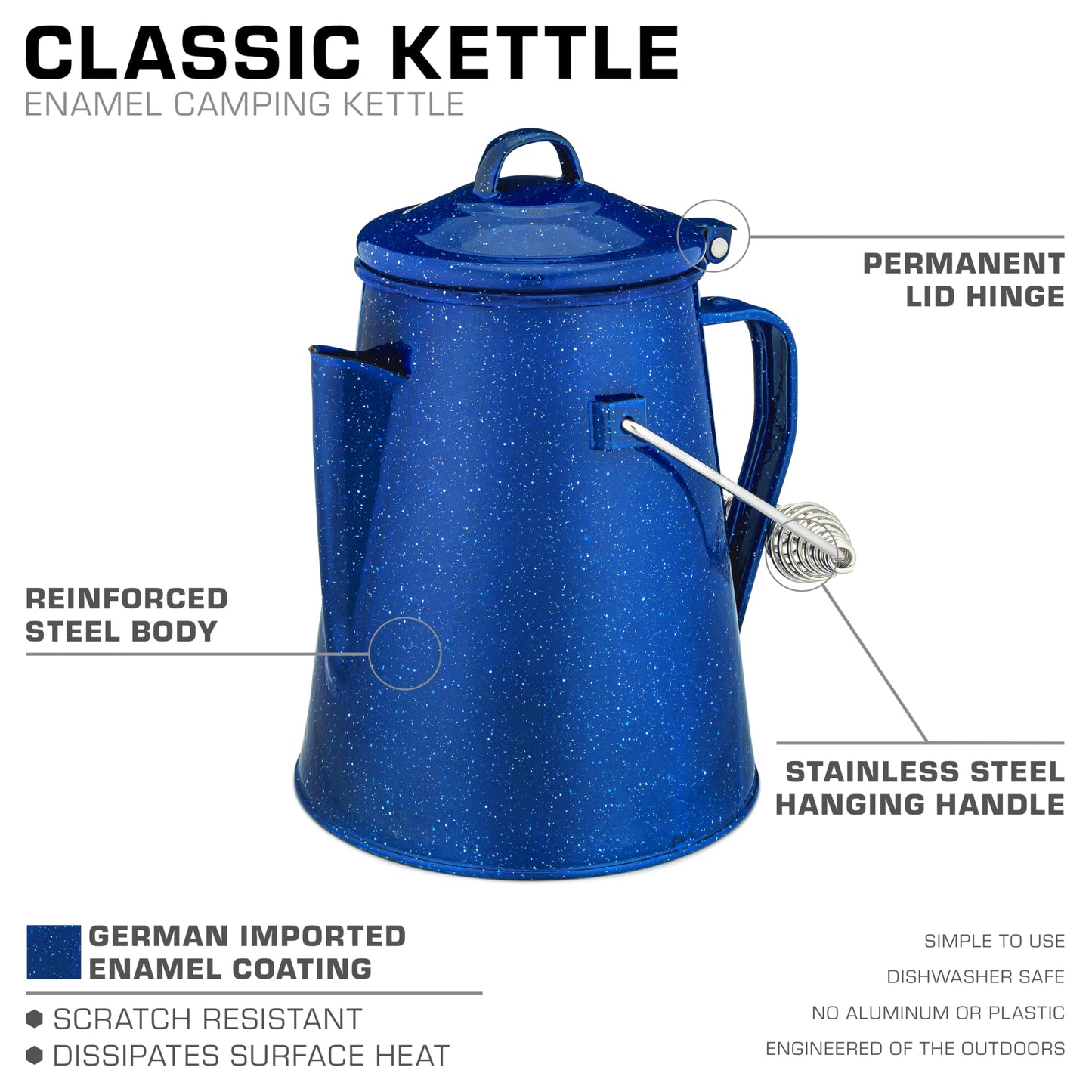 COLETTI Classic Camping Kettle 60 oz — Tea and Camp Kettle, NO Aluminum or Plastic, Ideal for Boiling Water [Blue Enamel]