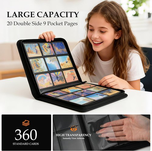 Card Binder 9 Pocket - Premium Durable Album for 360 TCG, MTG & Sports Cards | Black Zipper Design