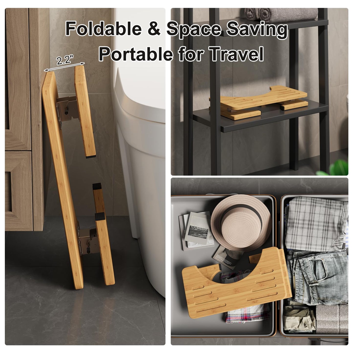 Squatting Potty for Adults Foldable, 7In Bamboo Toilet Stool Squat Adult and Kids, Wood Travel Poop Stool for Bathroom, Wooden Portable Toilet Foot Step, Premium Flip Pooping Potty Stool