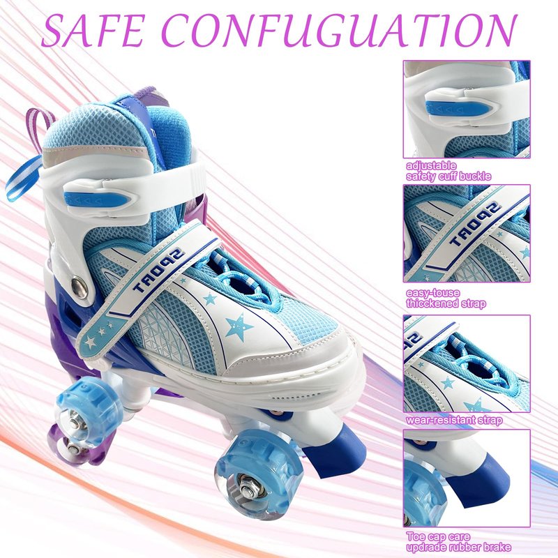 Adjustable Roller Skates for Boys Girls Ages 3-12, All 8 Wheels of Roller Skates Light Up with Protective Gear Set Gift for Youth Kids Indoor & Outdoor Beginners