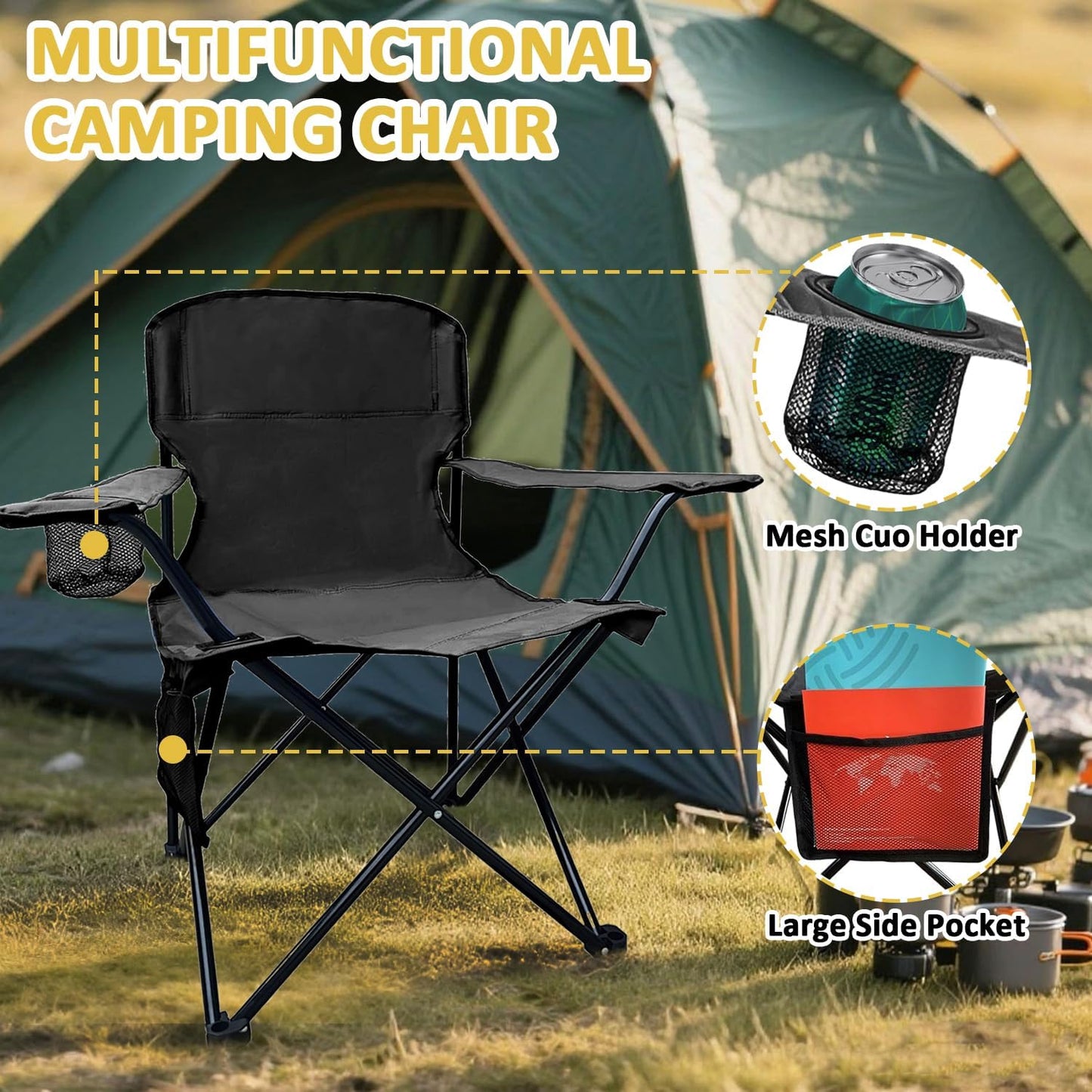 Skiennix Folding Camping Chair - Portable High Back Outdoor Chair with Cup Holder & Storage Bag - Supports 300lbs - Black