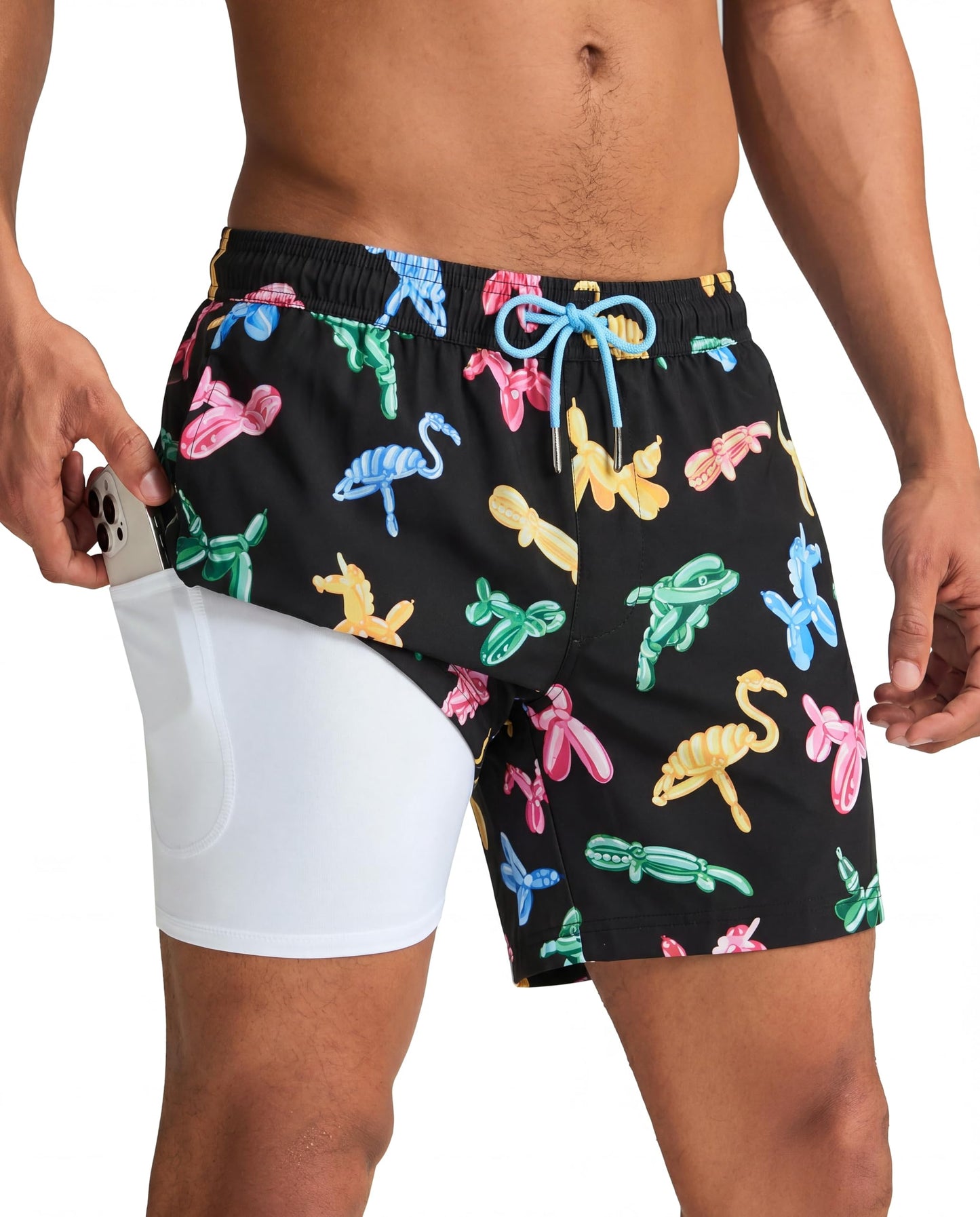maamgic Mens Swim Trunks with Compression Liner 5 Inch, Quick Dry Bathing Suit with Zipper Pockets, Stretch No-Chafing Swim Shorts, Colorful Animals Medium