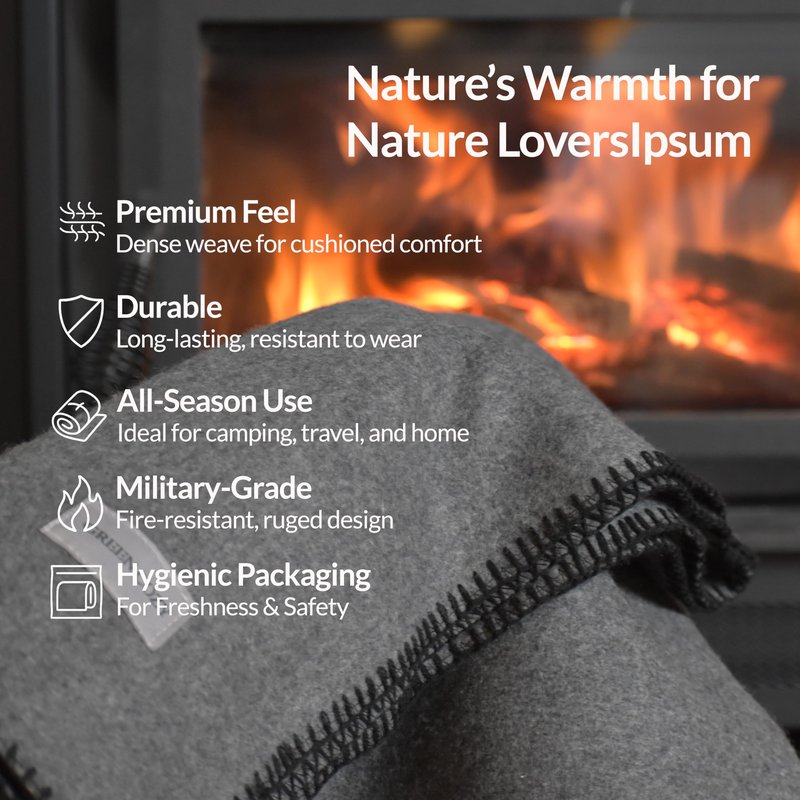Military Style Wool Blanket – Cushioned, Breathable, Durable, Warm & Washable – Double-Stitched Border – Great for Camping, Outdoor, First Aid, Travel, Car – Fire-Resistant – 64"x90" 4.7lb (Gray)