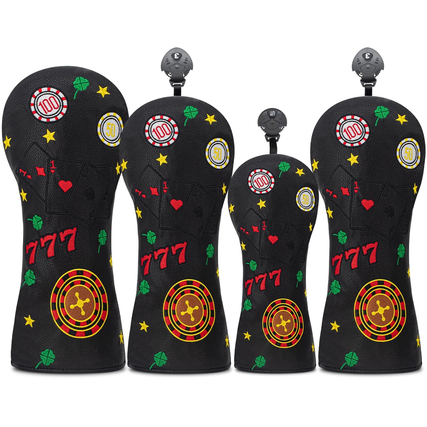 777 Playing Cards Funny Headcover - PU Leather Golf Club Cover with Embroidered Finish, Set Fits Driver Fairway Hybrid Woods (Black-Fairway)