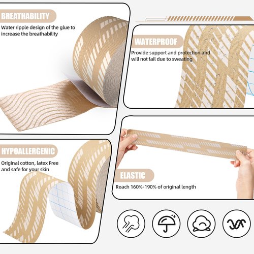 GJUMP Kinesiology Tape, 2 Rolls Hypoallergenic Athletic Tape for Muscle Strain Relief & Joint Support, Waterproof & Breathable Sports Tape for Pain Relief, 2in x 16ft Uncut Roll-Stripe (Beige)