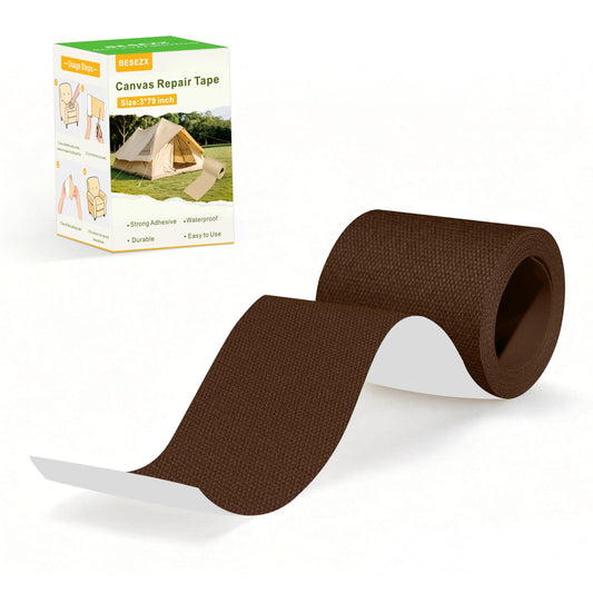 Besezx Canvas Repair Tape,Outdoor Gear Patch, 3x79 Inches,Waterproof Self-Adhesive Fabric Repair Tape for Repairing Boat Covers,Sun Shades,Sofas,Tents,Lounge Chairs,Awnings (Dark Brown)