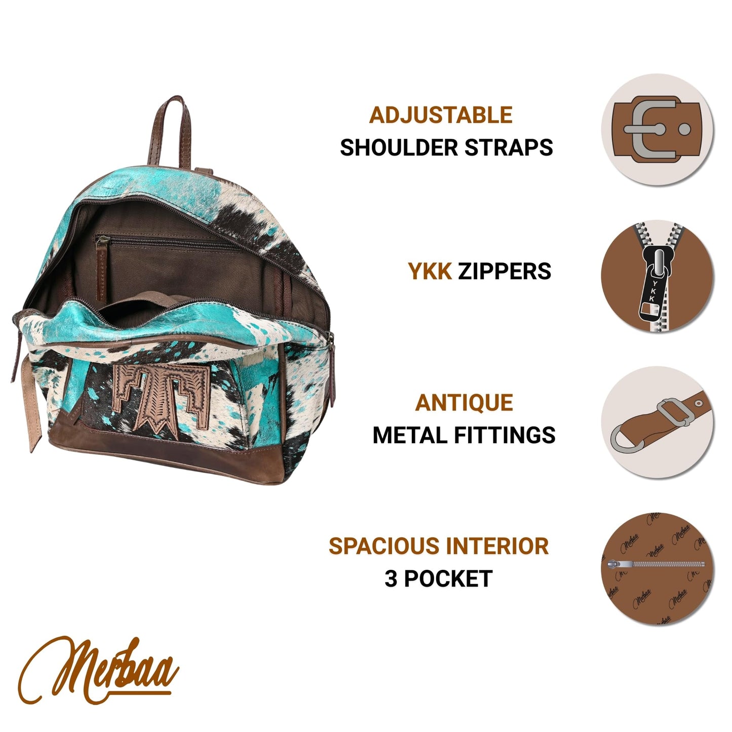 Merbaa Handmade Cowhide Leather Cotton Lining Zipper Closure Fashion Backpack For Women With Eagle Tooling Patch in Front, Teal Blue
