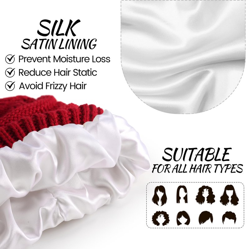 Ultrafun 3 Pack Satin Lined Beanie for Women, Slouchy Winter Hats with Silk Lined, Oversized Knit Warm Hat Skull Cap (Black, Beige, Red)